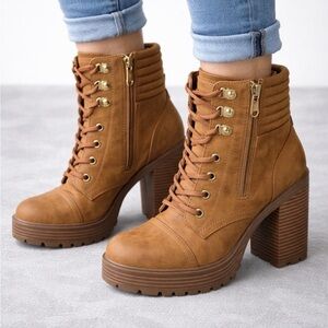 GBG Los Angeles Brown Lace Up Ankle Boots Block Heel Women’s 5.5(B109)